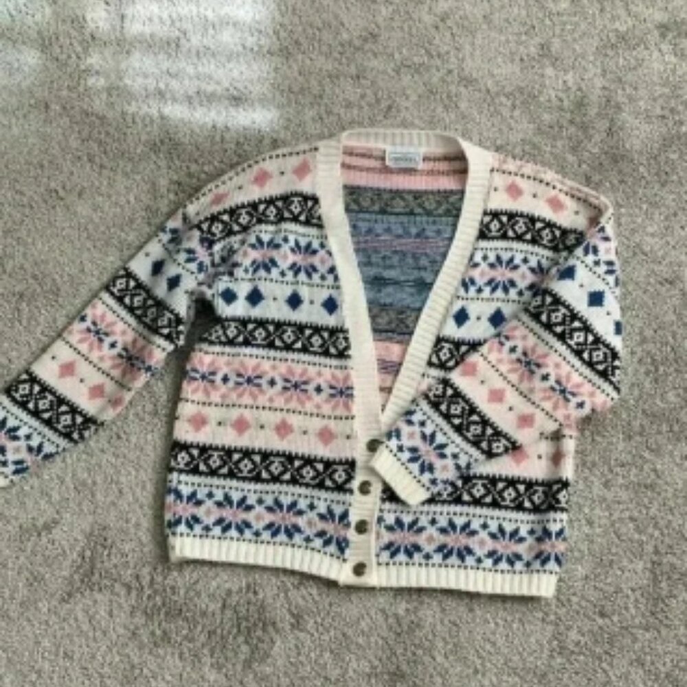 Croquet Club blue pink black and white cardigan made in US size medium
